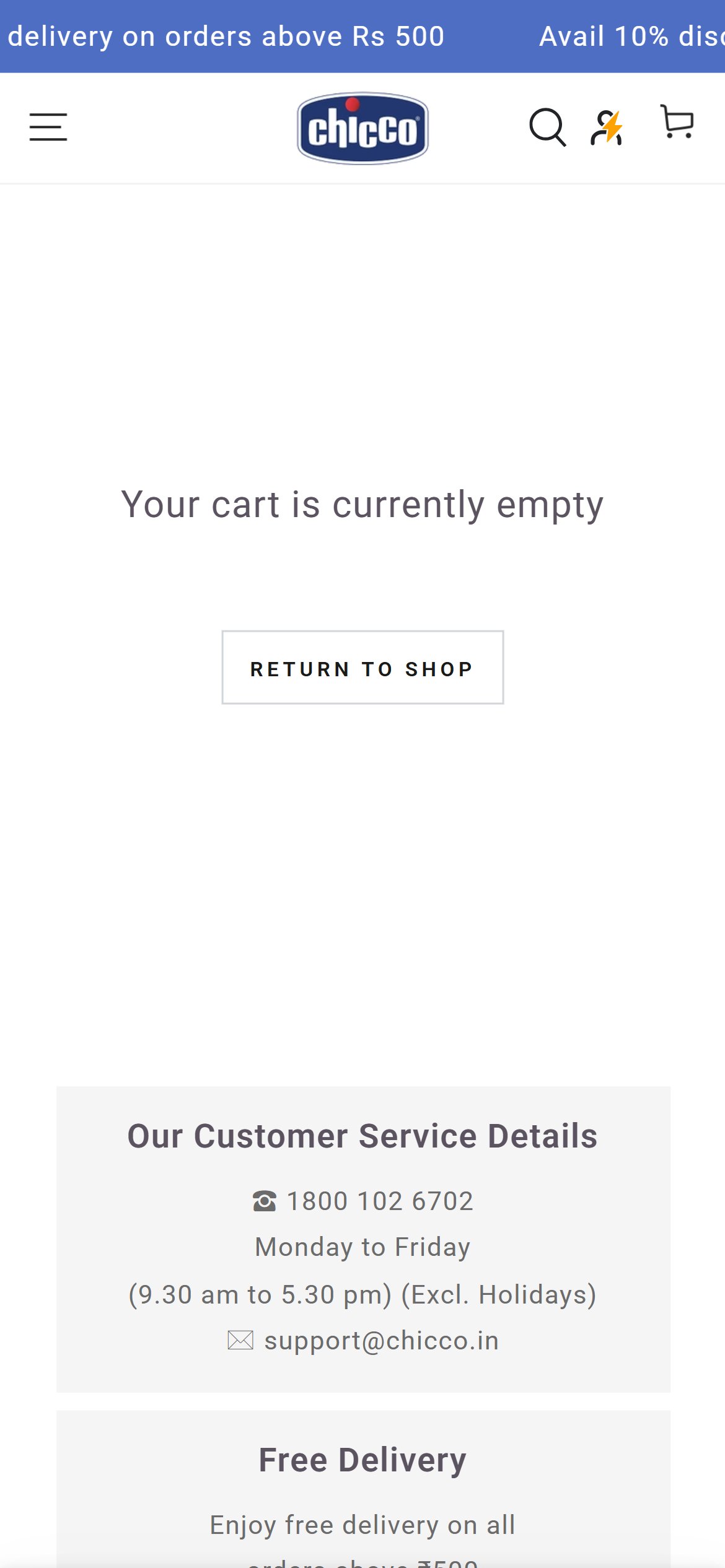 Chicco India — cart with labelled Return to Shop